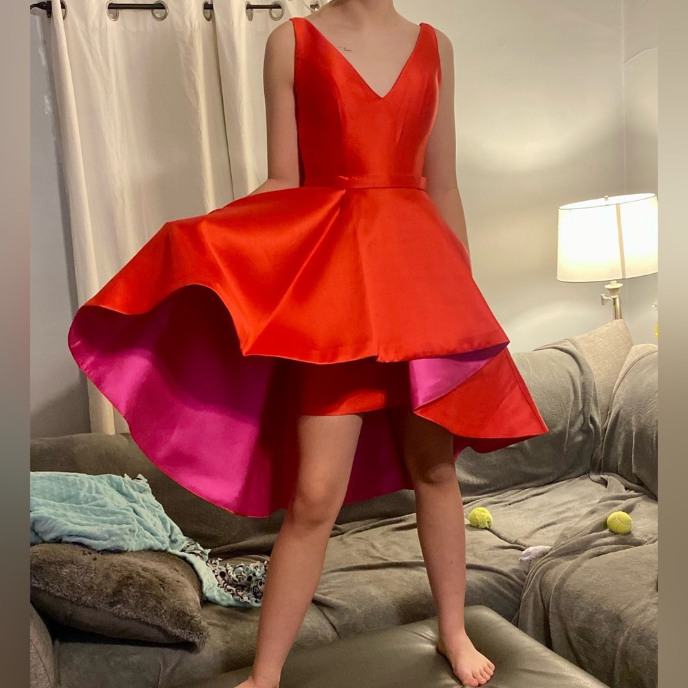 JVN by Jovani Red with hot pink underlining cocktail dress. Size 2.